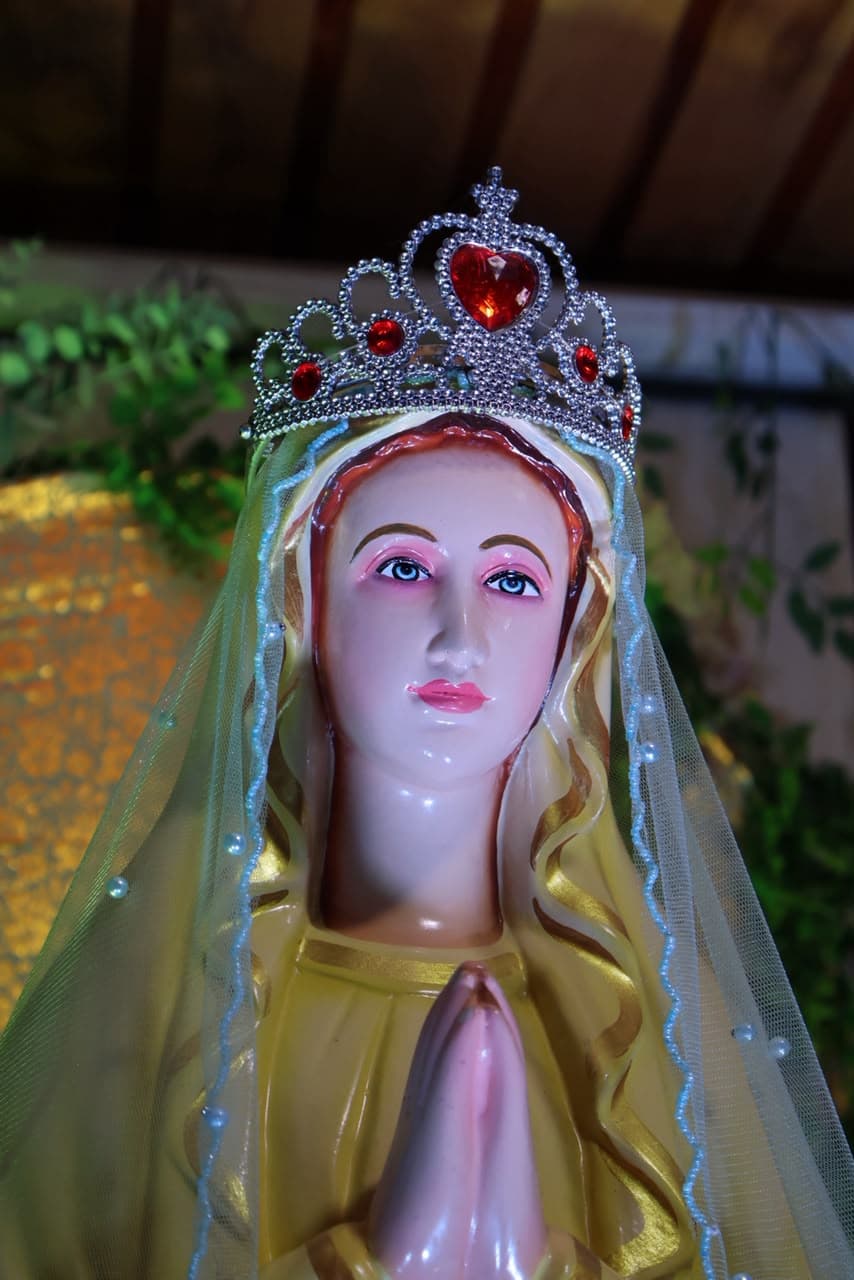 A close view of the statue of Our Lady, crowned and wearing a pale veil